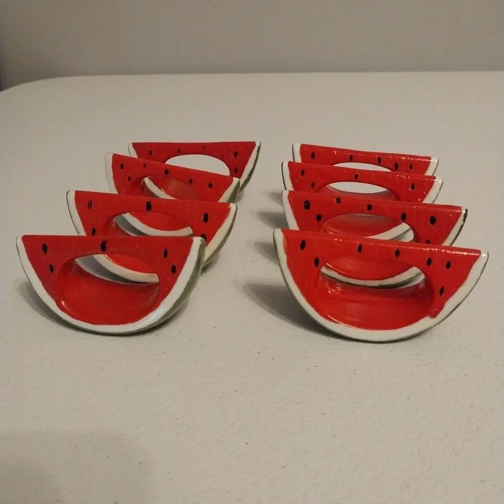 Vintage Ceramic Watermelon Napkin Rings Set of 8 Hand Painted Summer Picnic